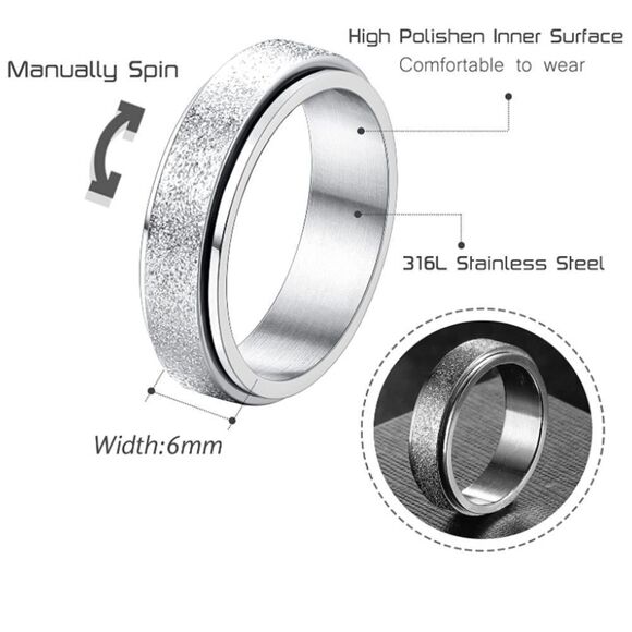 316L Stainless Silver Sand Blasted Fidget Anxiety Stress Relieving Spin Ring - Picture 4 of 4